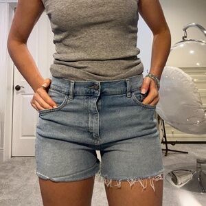 High rise light wash distressed jean shorts